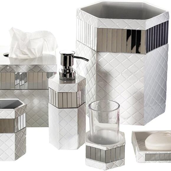 Other - 7 Piece Quilted Mirror White Bathroom Accessories Set, Trash, Tissue Cover, Soap